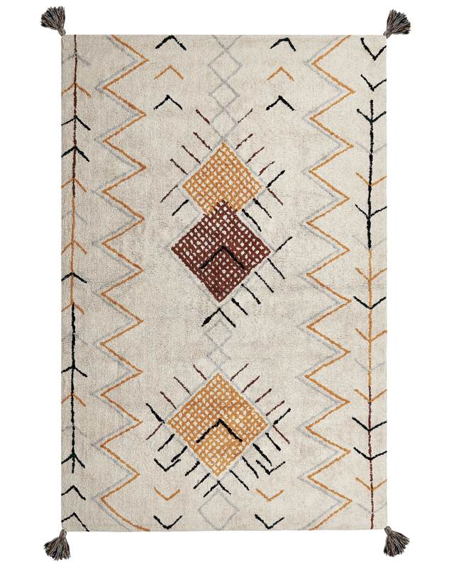 Area Rug Beige Cotton 140 x 200 cm Rectangular with Tassels Geometric Pattern Boho Oriental Style Beliani