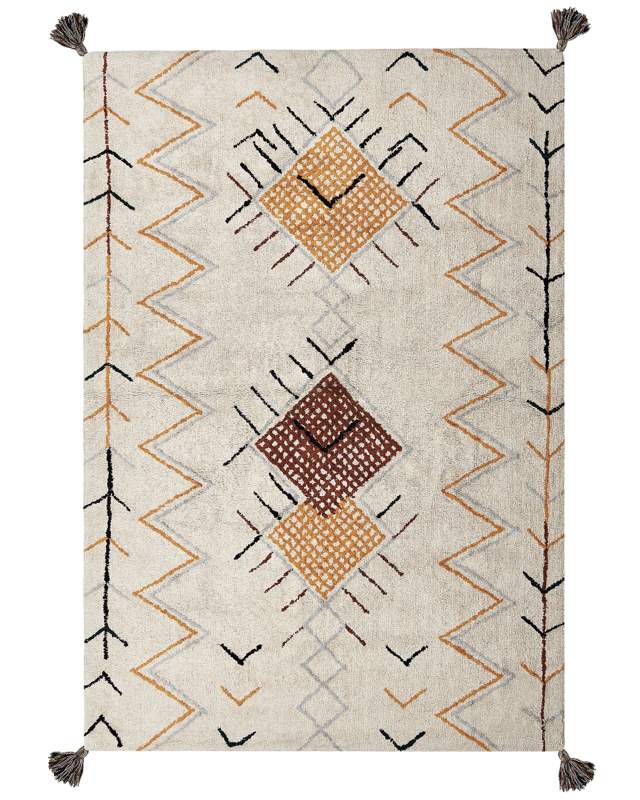 Area Rug Beige Cotton 160 x 230 cm Rectangular with Tassels Geometric Pattern Boho Oriental Style Beliani