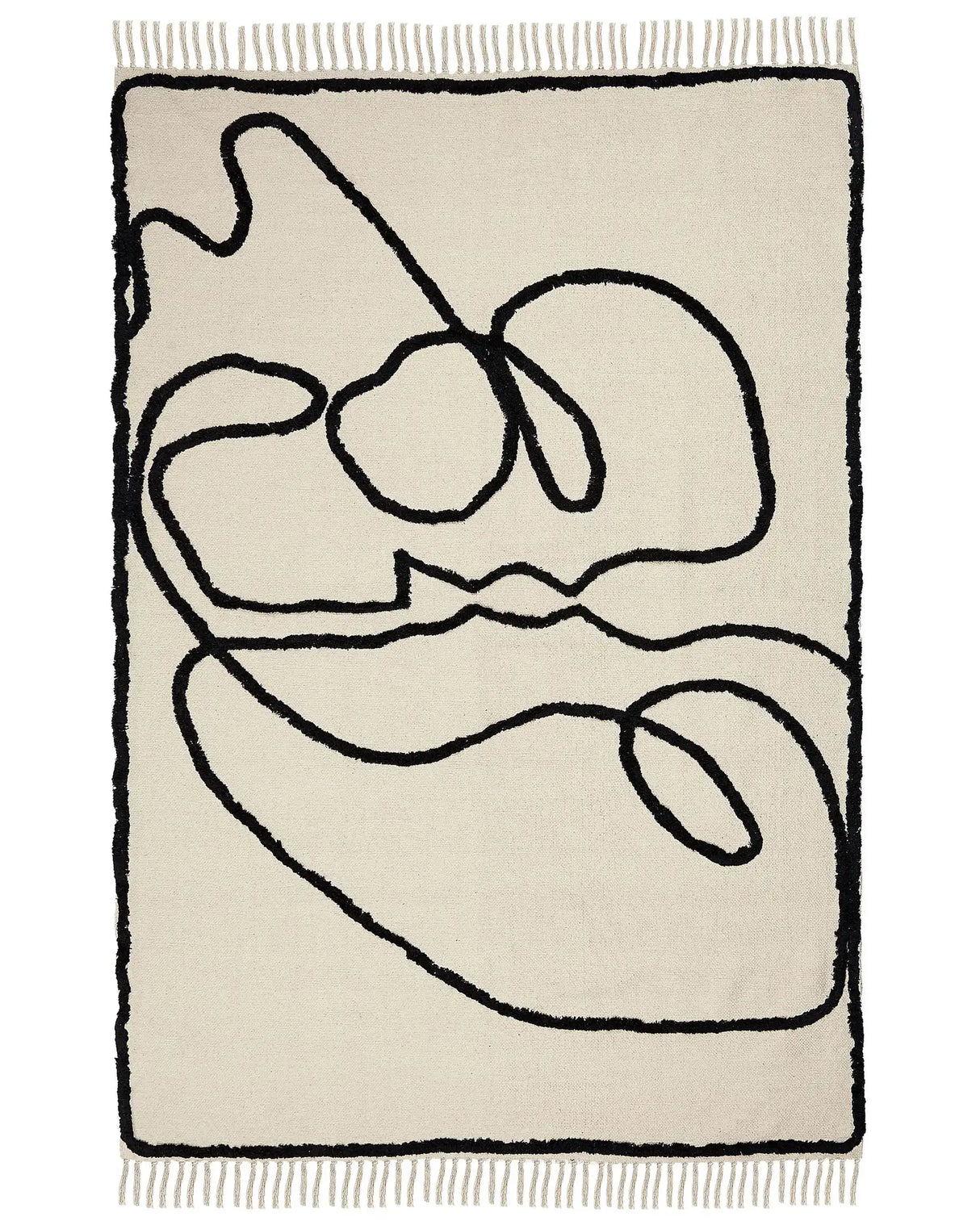 Area Rug Beige and Black Cotton 160 x 230 cm Minimalistic Tufted Art Line Fringed Living Room Bedroom Beliani