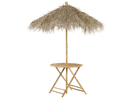 Bamboo Bistro Table with Parasol Natural Wood 85 x 80 cm Folding Indoor Outdoor Coffee Table Beliani