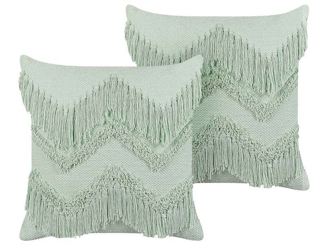 Set of 2 Decorative Cushions Light Green Cotton 45 x 45 cm with Tassels Boho Design Decor Accessories Beliani