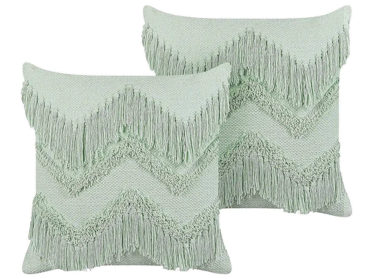 Set of 2 Decorative Cushions Light Green Cotton 45 x 45 cm with Tassels Boho Design Decor Accessories Beliani
