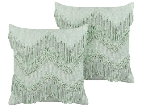 Set of 2 Decorative Cushions Light Green Cotton 45 x 45 cm with Tassels Boho Design Decor Accessories Beliani
