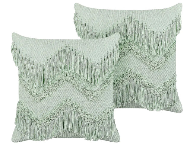 Set of 2 Decorative Cushions Light Green Cotton 45 x 45 cm with Tassels Boho Design Decor Accessories Beliani