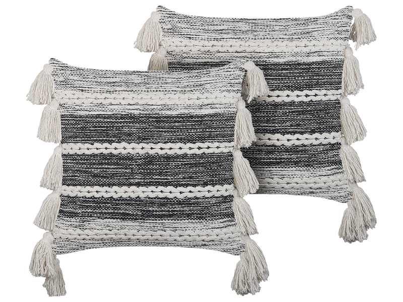 Set of 2 Decorative Cushions Black and Grey Cotton 45 x 45 cm with Tassels Boho Design Decor Accessories Beliani