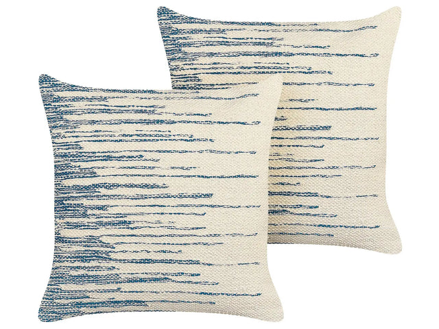 Set of 2 Decorative Cushions Beige and Blue Cotton 45 x 45 cm Boho Design Decor Accessories Beliani