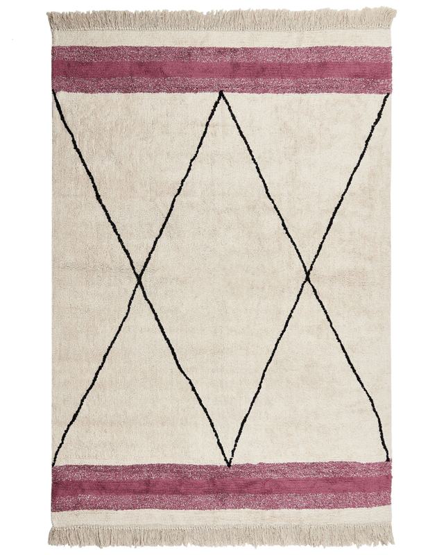 Area Rug Beige and Pink Cotton 160 x 230 cm Rectangular with Tassels Geometric Pattern Boho Style Beliani