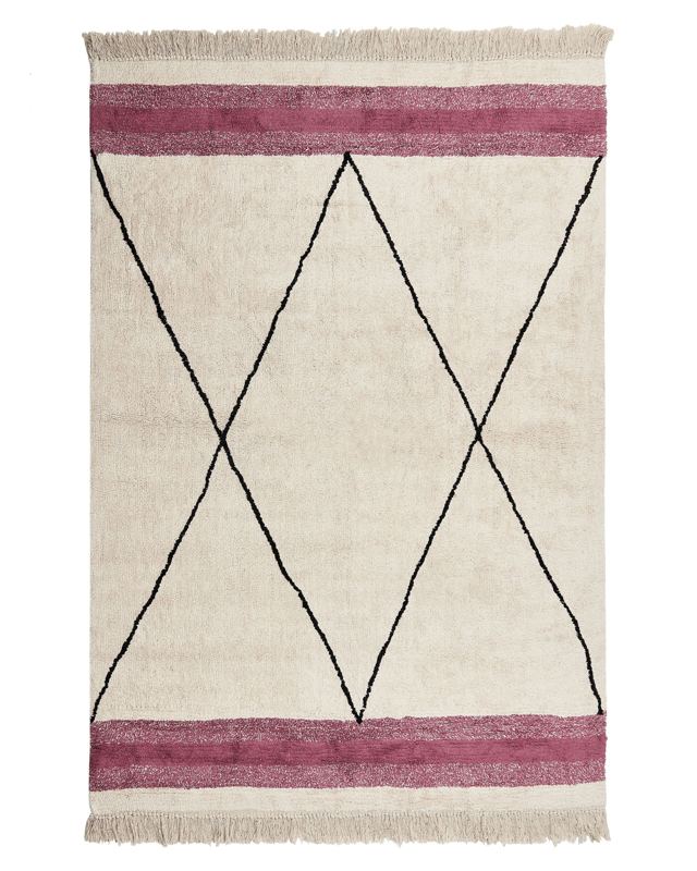 Area Rug Beige and Pink Cotton 140 x 200 cm Rectangular with Tassels Geometric Pattern Boho Style Beliani