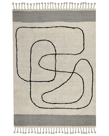 Cotton Rug Beige and Black 160 x 230 cm Abstract Pattern Tassels Low Pile Modern Beliani