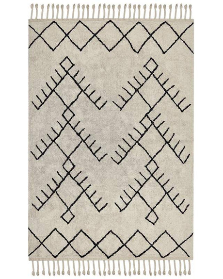 Area Rug Beige and Black Cotton 160 x 230 cm Rectangular with Tassels Geometric Pattern Boho Style Beliani