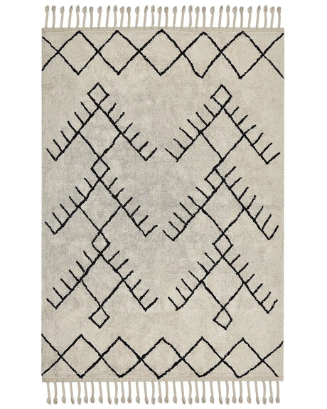 Area Rug Beige and Black Cotton 160 x 230 cm Rectangular with Tassels Geometric Pattern Boho Style Beliani