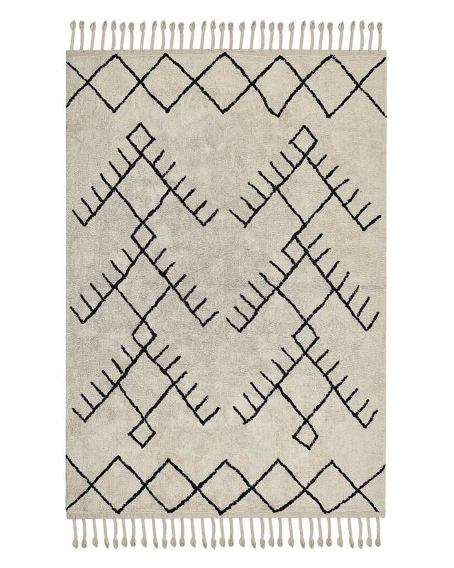 Area Rug Beige and Black Cotton 140 x 200 cm Rectangular with Tassels Geometric Pattern Boho Style Beliani