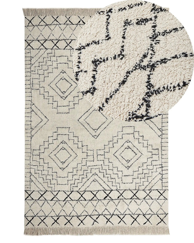 Area Rug Cotton Beige and Black Aztec Pattern 140 x 200 cm Low Pile Modern Vintage Beliani