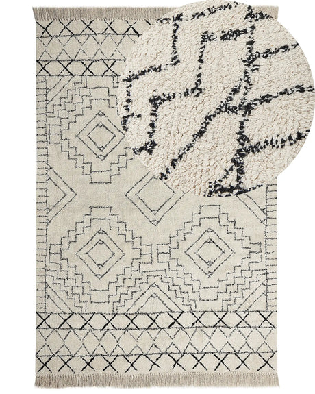 Area Rug Cotton Beige and Black Aztec Pattern 160 x 230 cm Low Pile Modern Vintage Beliani