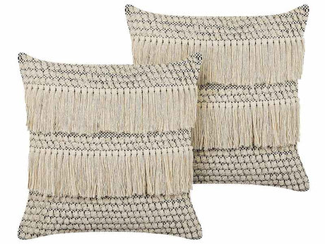 Set of 2 Decorative Cushions Beige Cotton 45 x 45 cm with Tassels Boho Decor Accessories Beliani