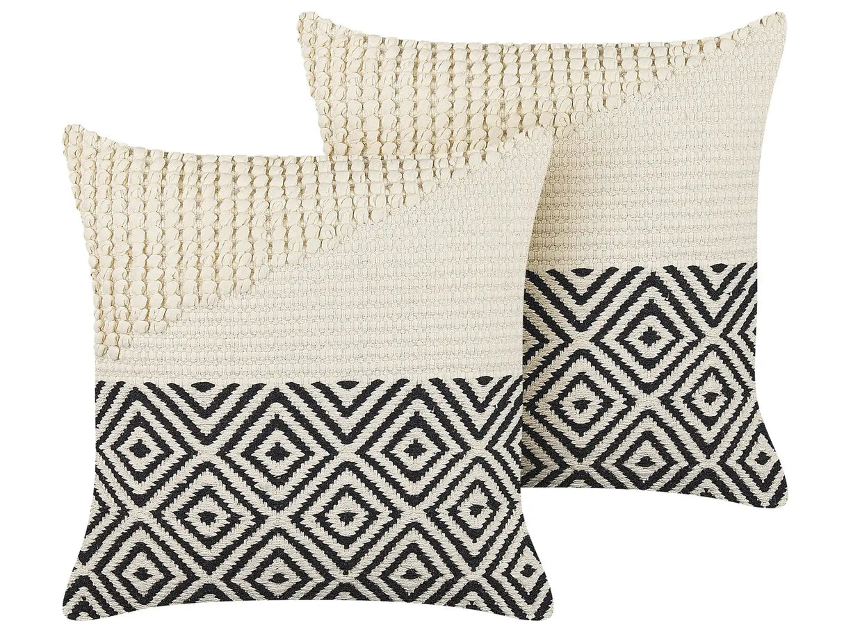 Set of 2 Decorative Cushions White and Blue Cotton 45 x 45 cm with Tassels Boho Decor Accessories Beliani