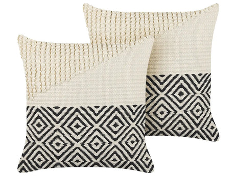 Set of 2 Decorative Cushions White and Blue Cotton 45 x 45 cm with Tassels Boho Decor Accessories Beliani