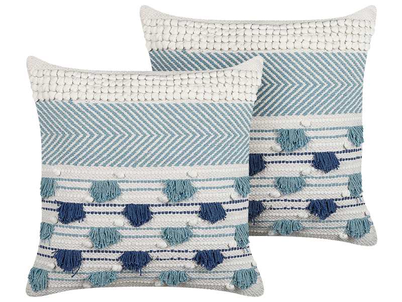 Set of 2 Decorative Cushions White and Blue Cotton 45 x 45 cm with Tassels Boho Decor Accessories Beliani