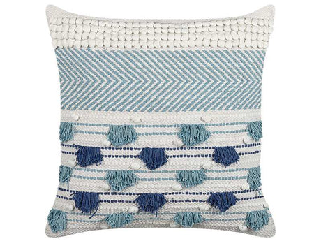 Decorative Cushion White and Blue Cotton 45 x 45 cm with Tassels Boho Decor Accessories Beliani