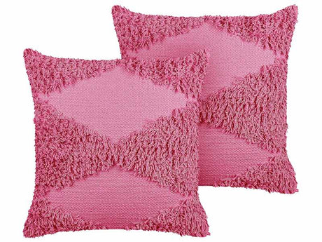 Set of 2 Decorative Cushions Pink Cotton 45 x 45 cm Geometric Pattern Boho Decor Accessories Beliani