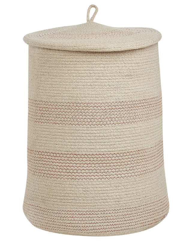 Storage Basket Light Beige and Pink Cotton Striped with Lid Laundry Bin Boho Accessories Beliani