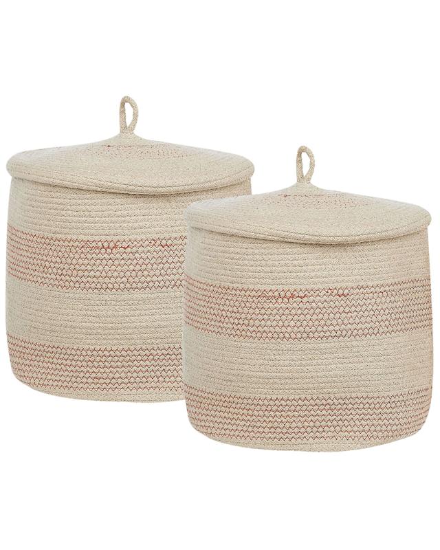 Set of 2 Storage Baskets Light Beige and Pink Cotton Striped with Lid Laundry Bins Boho Accessories Beliani