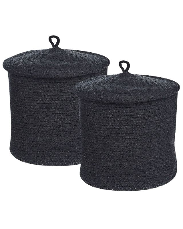 Set of 2 Storage Baskets Black Cotton Striped with Lid Laundry Bins Boho Accessories Beliani