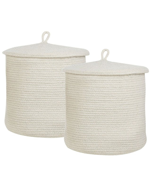 Set of 2 Storage Baskets Off-White Cotton Striped with Lid Laundry Bins Boho Accessories Beliani