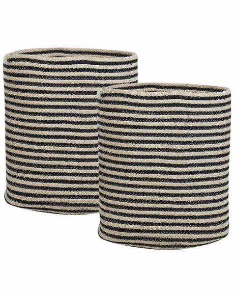 Set of 2 Storage Baskets Beige and Black Cotton Striped Pattern Laundry Bins Boho Accessories Beliani