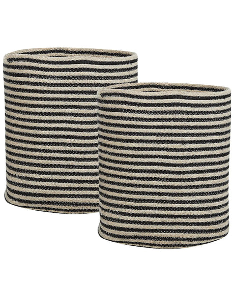 Set of 2 Storage Baskets Beige and Black Cotton Striped Pattern Laundry Bins Boho Accessories Beliani