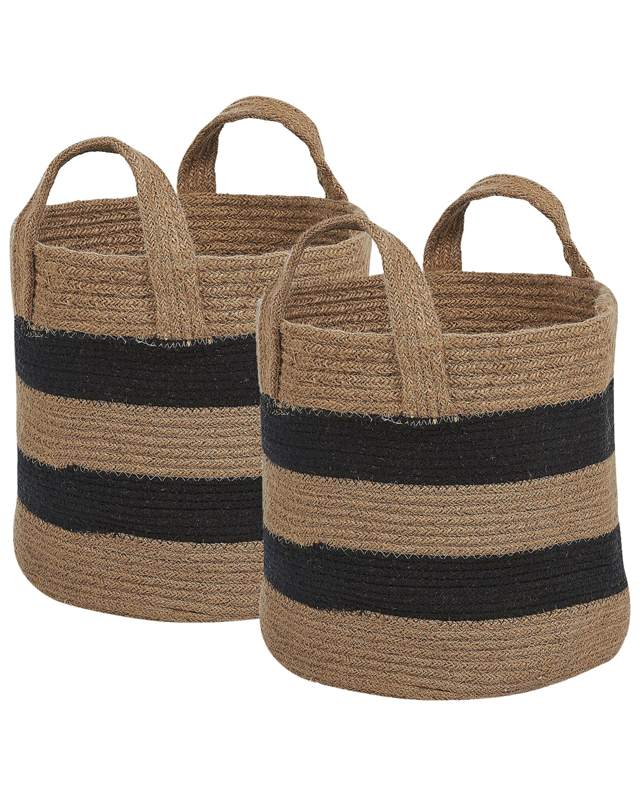 Set of 2 Storage Baskets Beige and Black Jute Striped Pattern Laundry Bins Boho Accessories Beliani