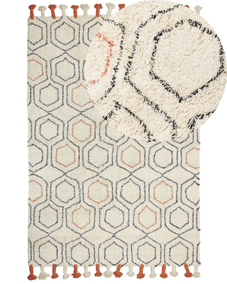 Area Rug Beige and Orange Cotton 160 x 230 cm Geometric Pattern Hand Tufted Shaggy with Tassels Design Living Room Bedroom Boho Beliani