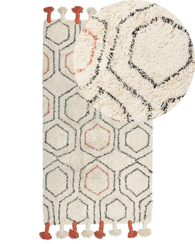 Area Rug Beige and Orange Cotton 80 x 150 cm Geometric Pattern Hand Tufted Shaggy with Tassels Design Living Room Bedroom Boho Beliani