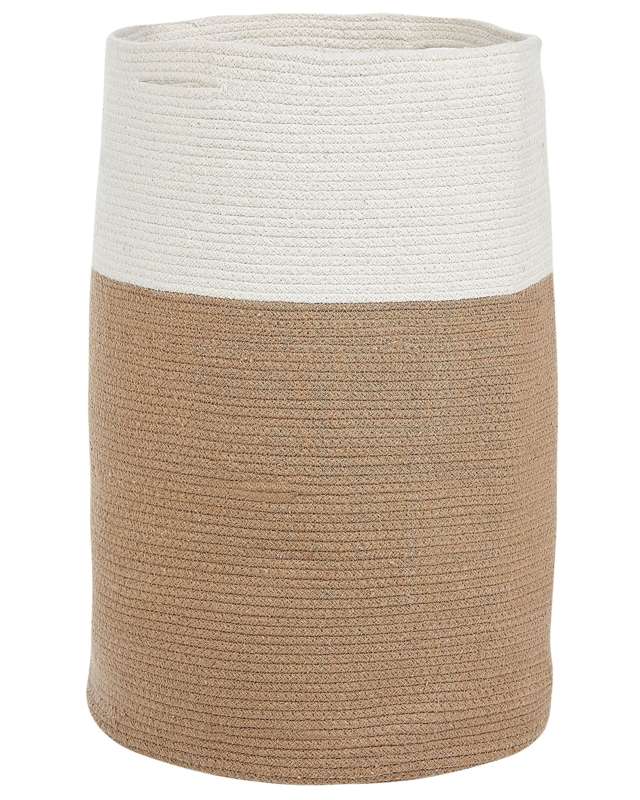 Storage Basket Cotton Beige and White Braided Laundry Hamper Fabric Bin Beliani