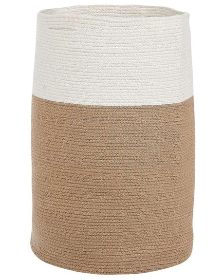 Storage Basket Cotton Beige and White Braided Laundry Hamper Fabric Bin Beliani