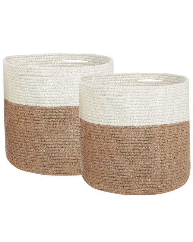 Set of 2 Storage Baskets Cotton Beige and White Braided Laundry Hamper Fabric Bin Beliani