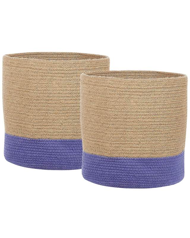 Set of 2 Storage Baskets Cotton Beige and Violet Braided Laundry Hamper Fabric Bin Beliani