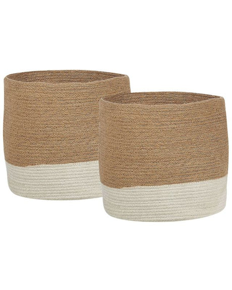 Set of 2 Storage Baskets Jute and Cotton Beige and White Braided Laundry Hamper Fabric Bin Beliani