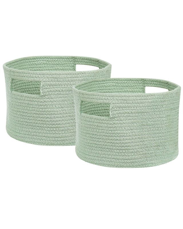 Set of 2 Storage Baskets Cotton Green Braided Laundry Hamper Fabric Toys Storage Bin Beliani