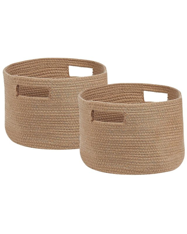 Set of 2 Storage Baskets Cotton Beige Braided Laundry Hamper Fabric Toys Storage Bin Beliani