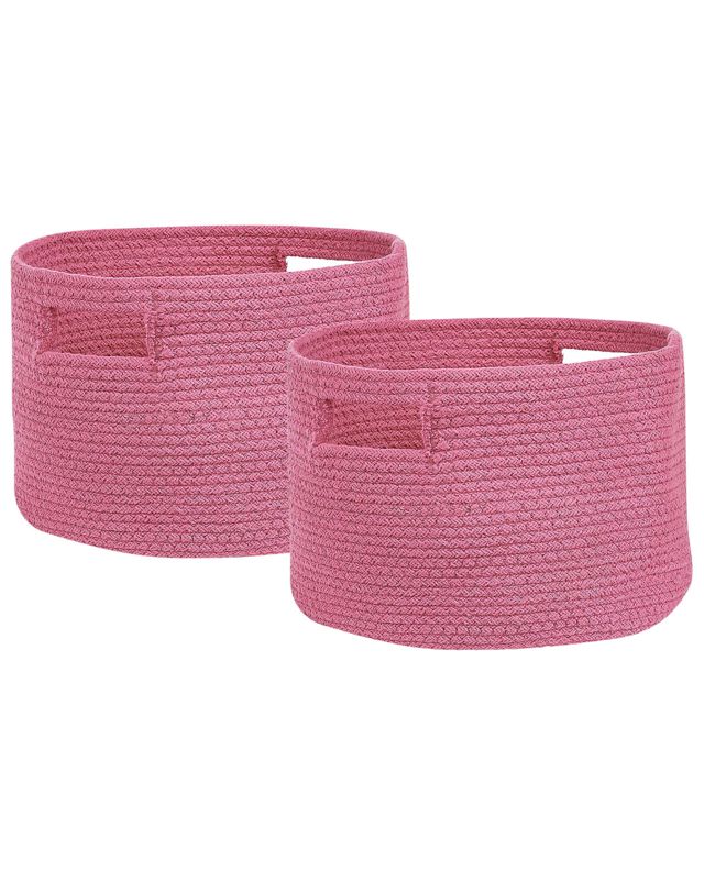 Set of 2 Storage Baskets Cotton Pink Braided Laundry Hamper Fabric Toys Storage Bin Beliani