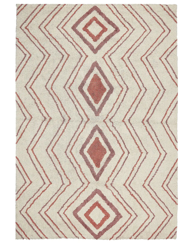 Area Rug Beige Pink Cotton 160 x 230 cm Geometric Pattern Hand Tufted Shaggy Design Living Room Bedroom Boho Beliani
