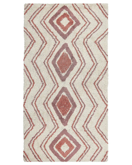 Area Rug Beige Pink Cotton 80 x 150 cm Geometric Pattern Hand Tufted Shaggy Design Living Room Bedroom Boho Beliani