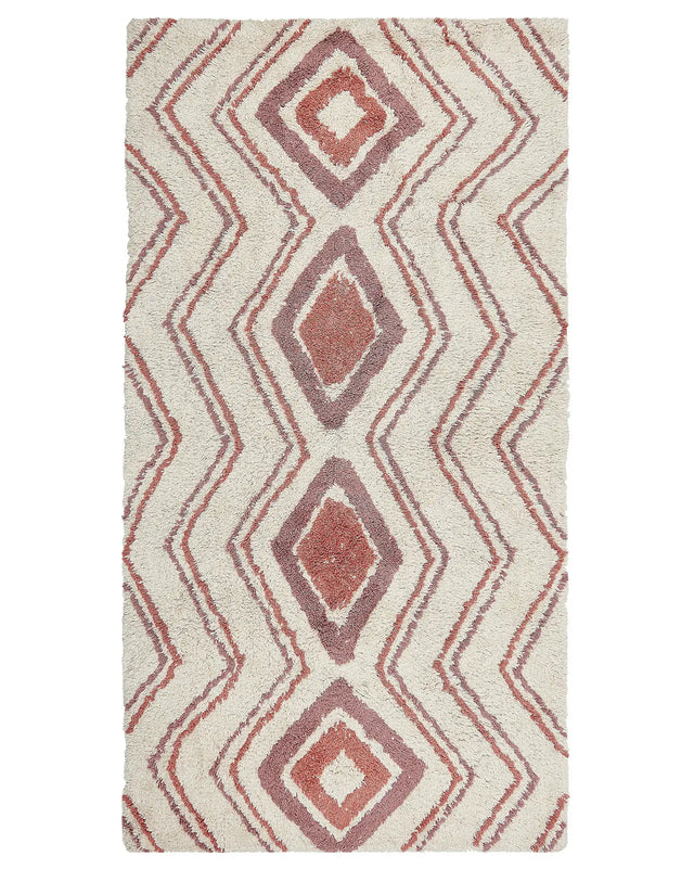Area Rug Beige Pink Cotton 80 x 150 cm Geometric Pattern Hand Tufted Shaggy Design Living Room Bedroom Boho Beliani