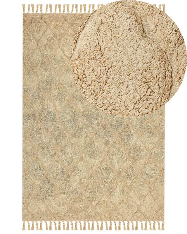 Area Rug Beige Cotton 160 x 230 cm Geometric Pattern Carved Hand Tufted Shaggy with Tassels Design Living Room Bedroom Boho Beliani