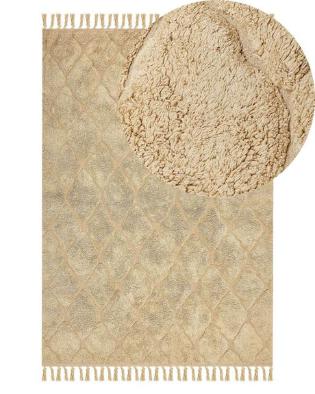 Area Rug Beige Cotton 140 x 200 cm Geometric Pattern Carved Hand Tufted Shaggy with Tassels Design Living Room Bedroom Boho Beliani