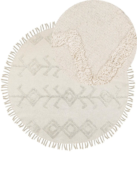 Round Area Rug Beige Cotton  140 cm Tufted with Fringe Pattern Boho Living Room Bedroom Beliani
