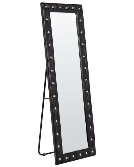 Standing Mirror Black PU Leather 50 x 150 cm with Stand Acrylic Glass Rhinestones Decorative Frame Glamour Wall Décor Beliani