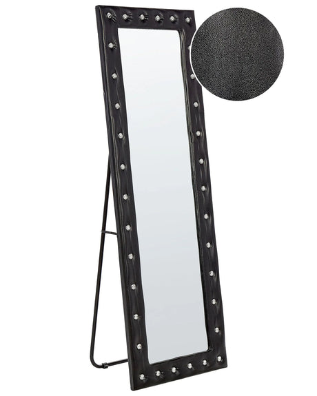 Standing Mirror Black PU Leather 50 x 150 cm with Stand Acrylic Glass Rhinestones Decorative Frame Glamour Wall Dcor Beliani