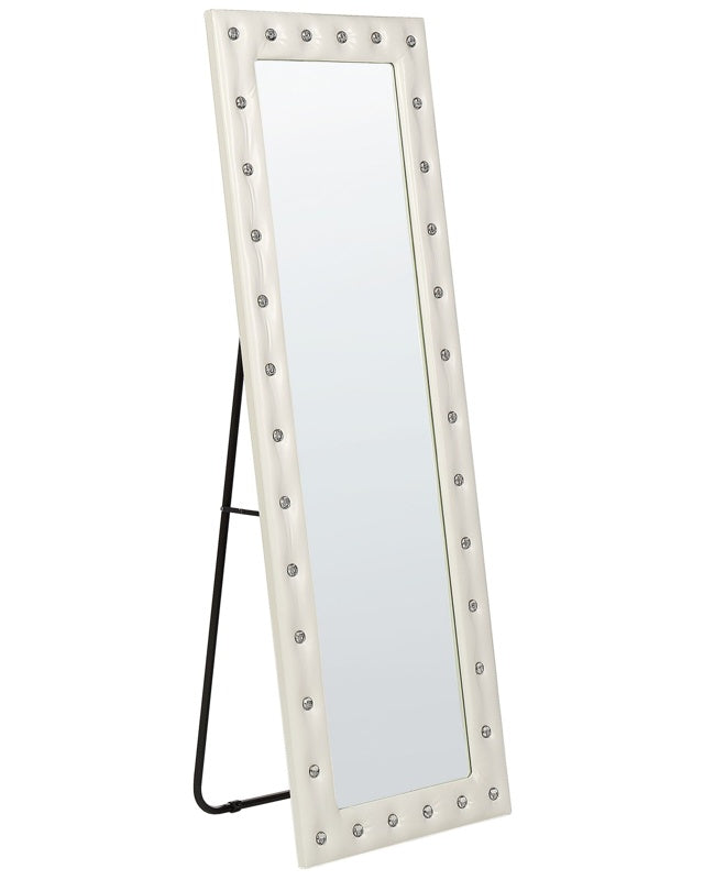 Standing Mirror White PU Leather 50 x 150 cm with Stand Acrylic Glass Rhinestones Decorative Frame Glamour Wall Décor Beliani